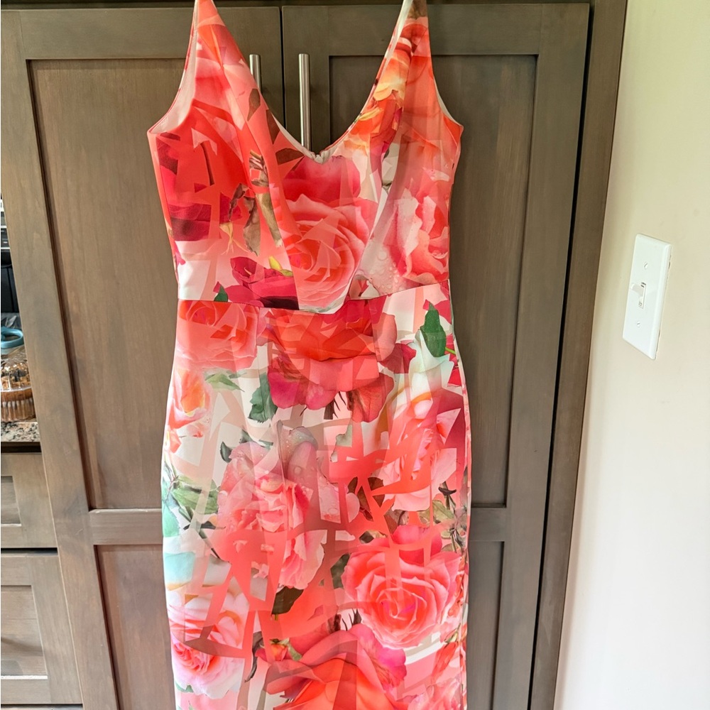 Black Halo Orange Pink Sheath Dress Plunge Neckline
